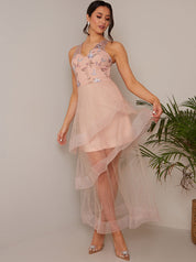 Embroidered Floral Tiered Dip Hem Dress in Pink