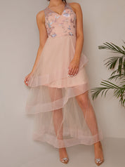 Embroidered Floral Tiered Dip Hem Dress in Pink