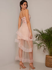 Embroidered Floral Tiered Dip Hem Dress in Pink