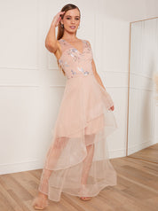 Petite Embroidered Floral Tiered Dip Hem Maxi Dress in Pink