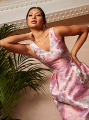 Sleeveless Floral Print Midi Dress in Pink