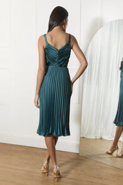 Satin Cami Pleated Midi Dress in Teal