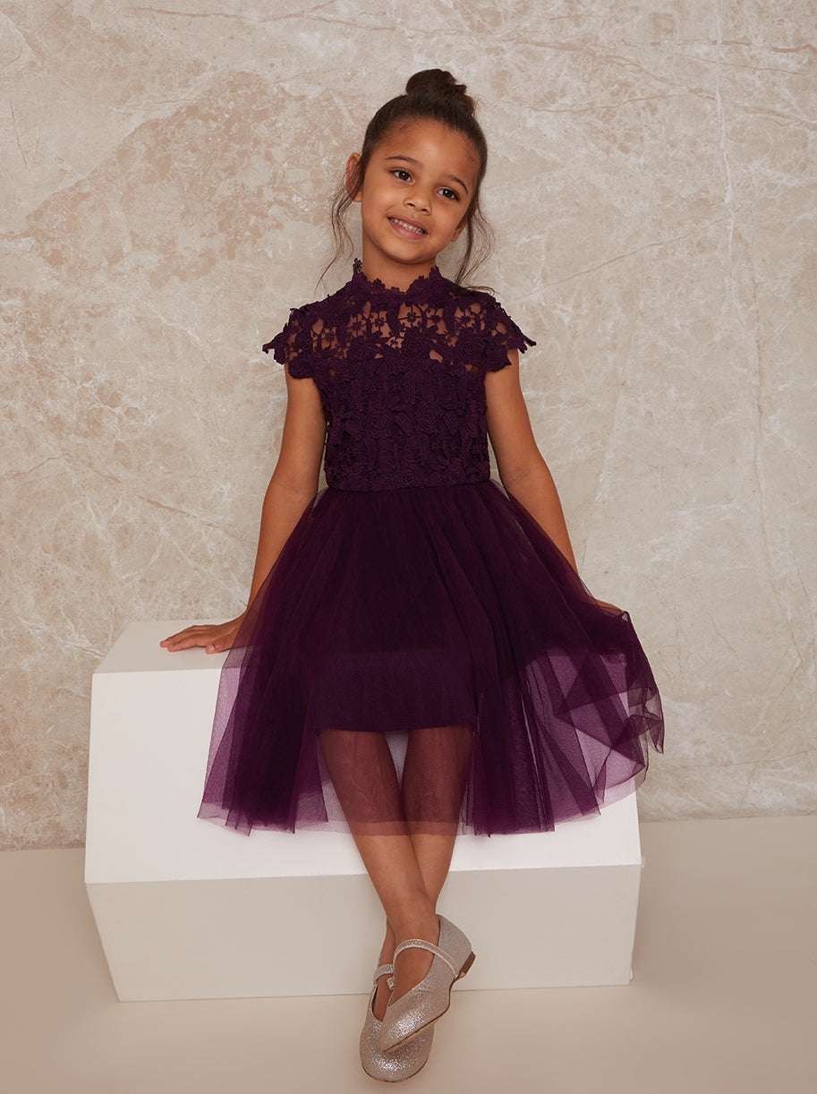 Girls Lace Bodice Cut Out Flower Girl Dress in Berry