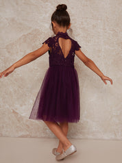 Girls Lace Bodice Cut Out Flower Girl Dress in Berry