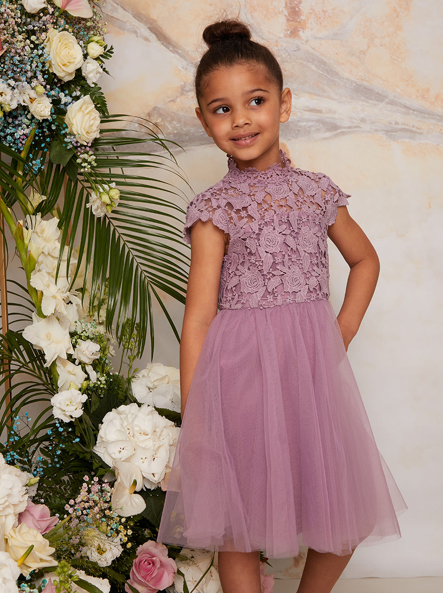 Girls Lace Bodice Cut Out Flower Girl Dress in Lilac