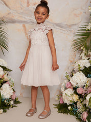 Girls Lace Bodice Cut Out Flower Girl Dress in Champagne