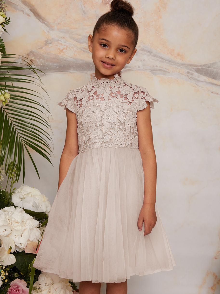 Girls Lace Bodice Cut Out Flower Girl Dress in Champagne