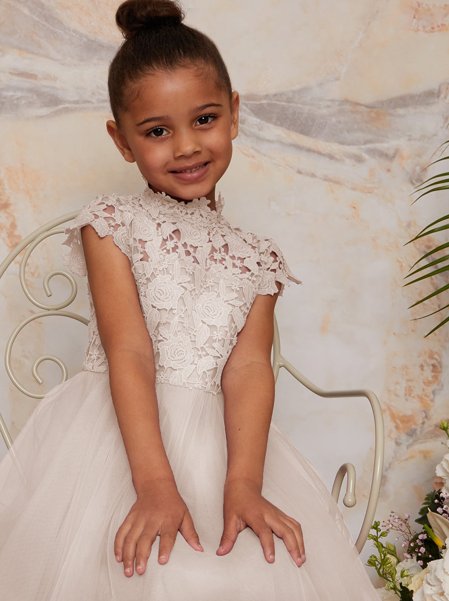 Girls Lace Bodice Cut Out Flower Girl Dress in Champagne