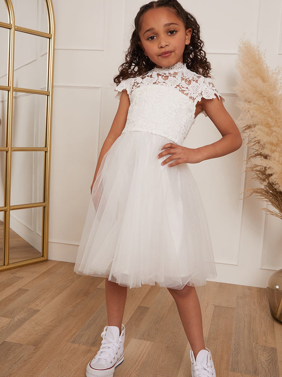 Younger Girls Lace Bodice Tulle Flower girl Dress in White
