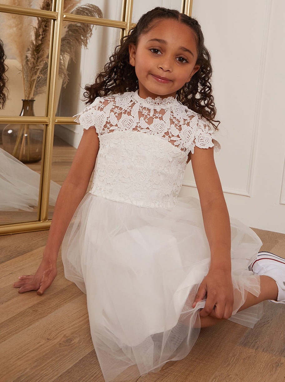 Younger Girls Lace Bodice Tulle Flower girl Dress in White
