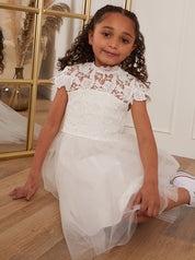 Younger Girls Lace Bodice Tulle Flower girl Dress in White