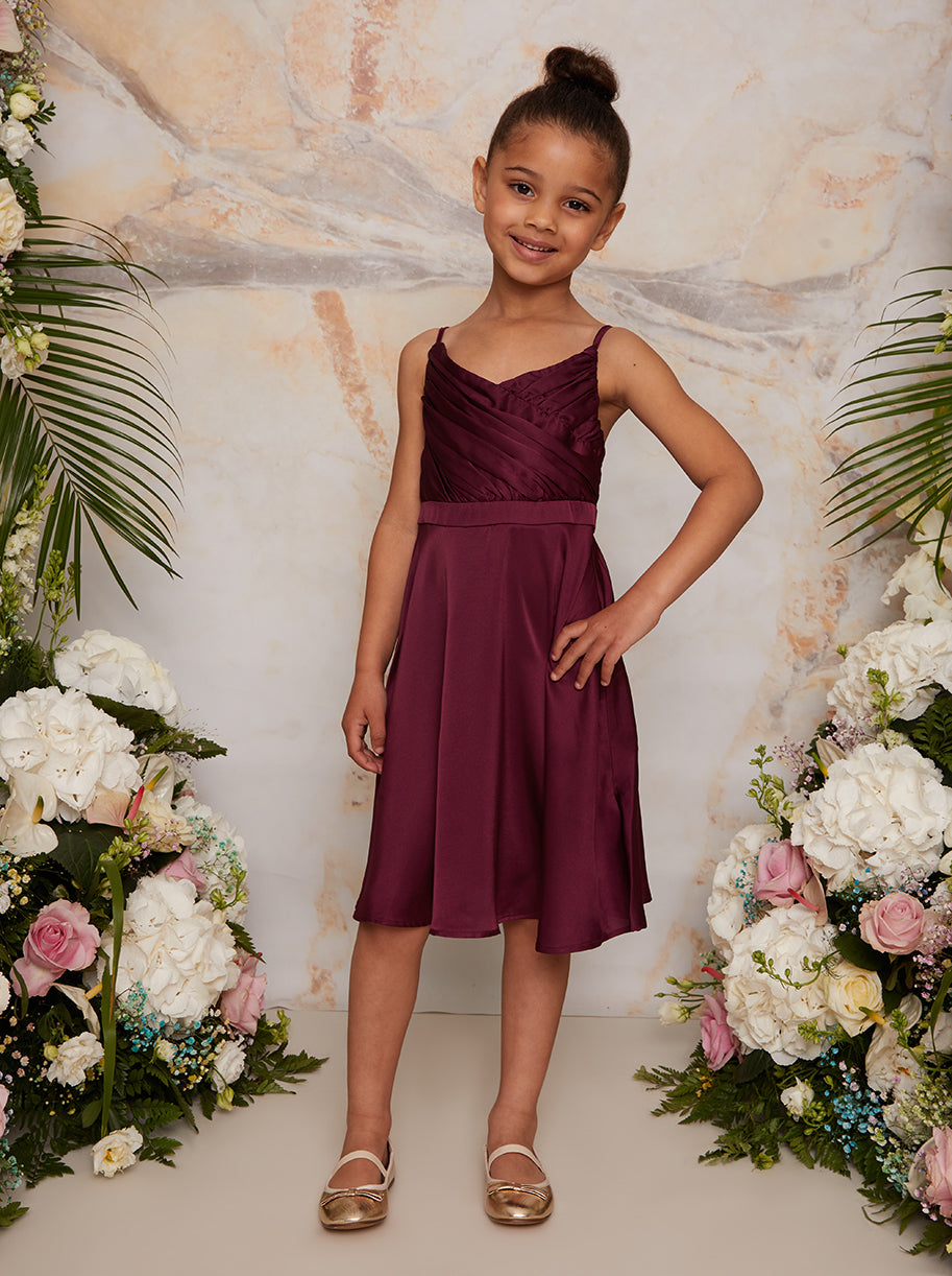 Girls Pleated Satin Flower Girl Dress in Berry