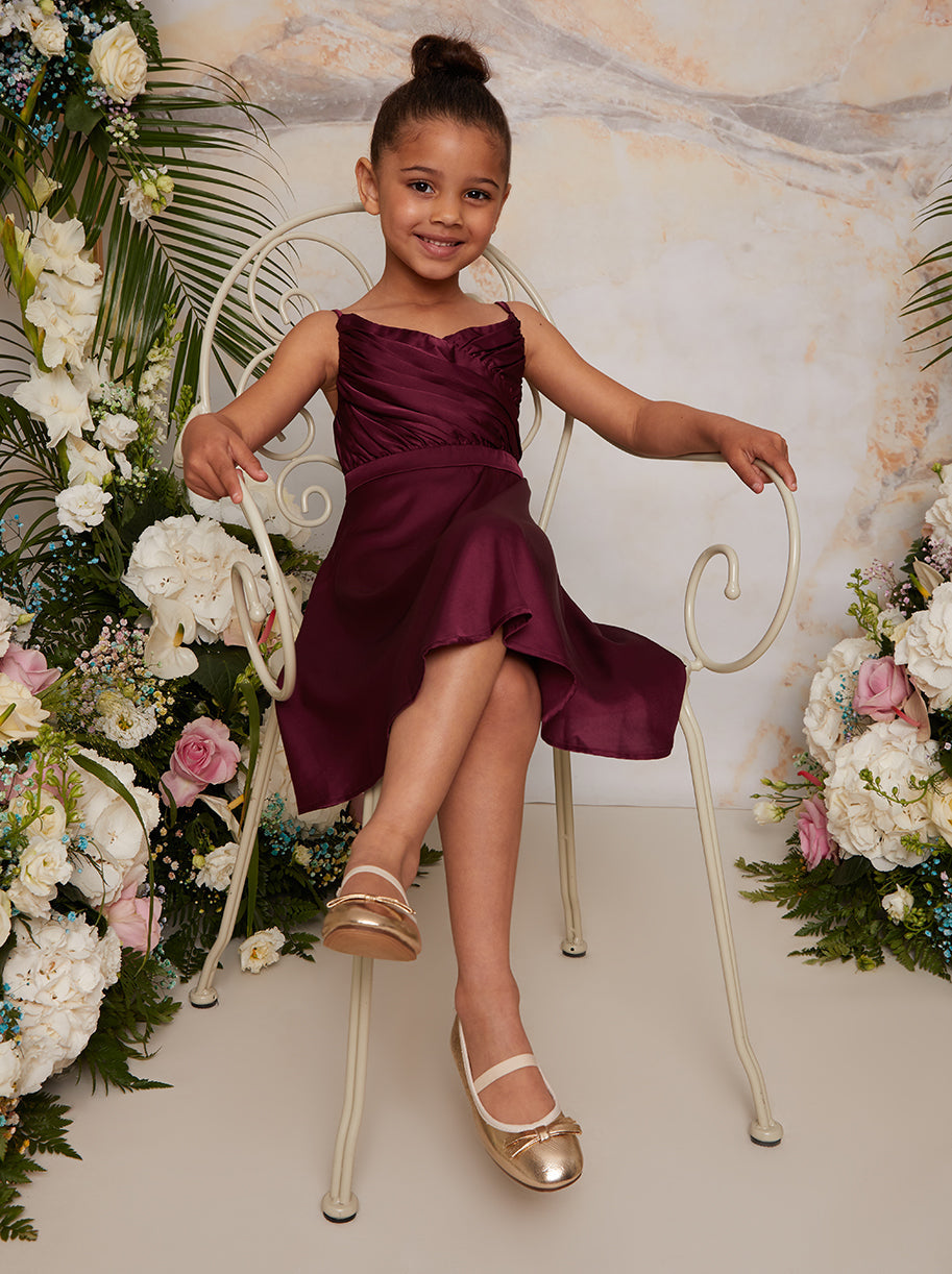 Girls Pleated Satin Flower Girl Dress in Berry