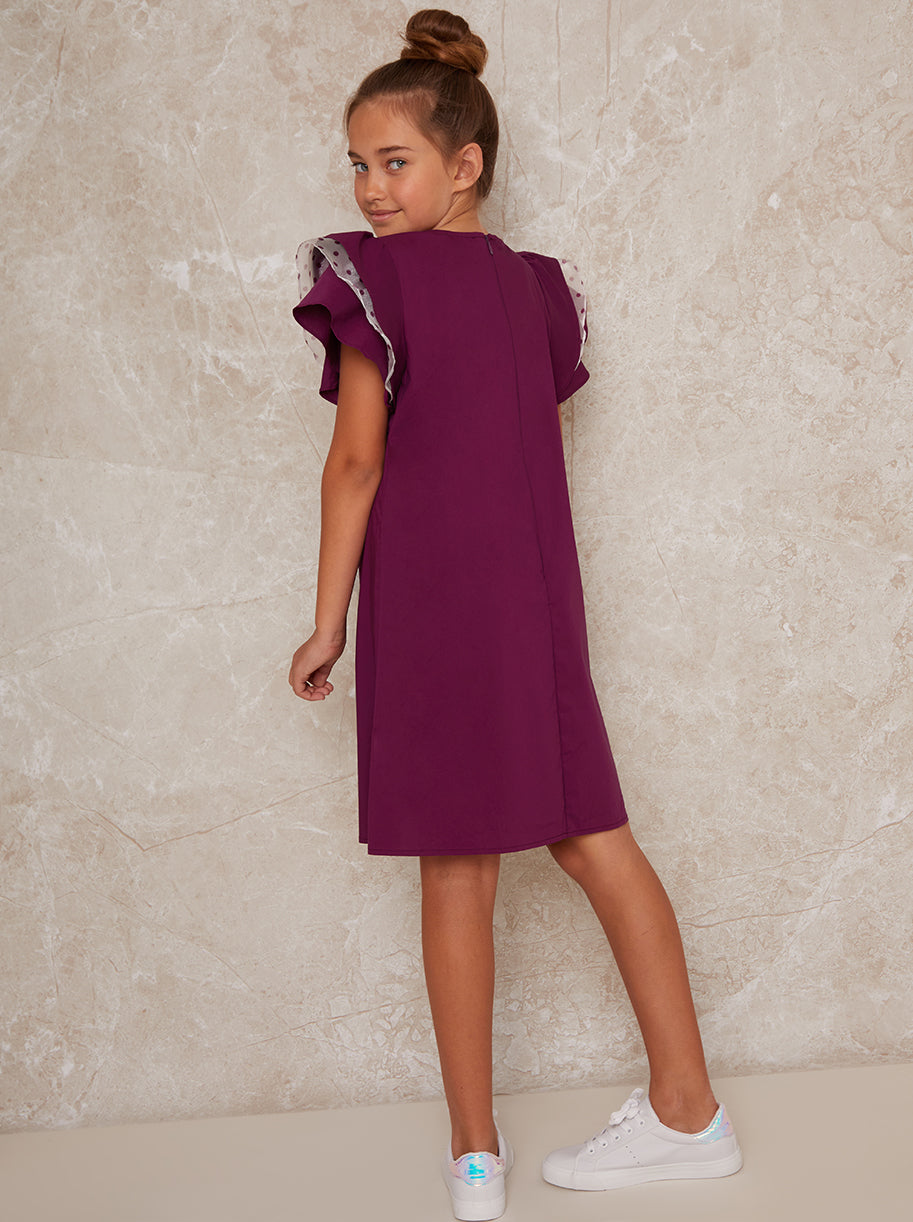Girls Ruffle Sleeve Shift Dress in Red