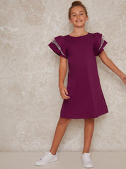 Girls Ruffle Sleeve Shift Dress in Red