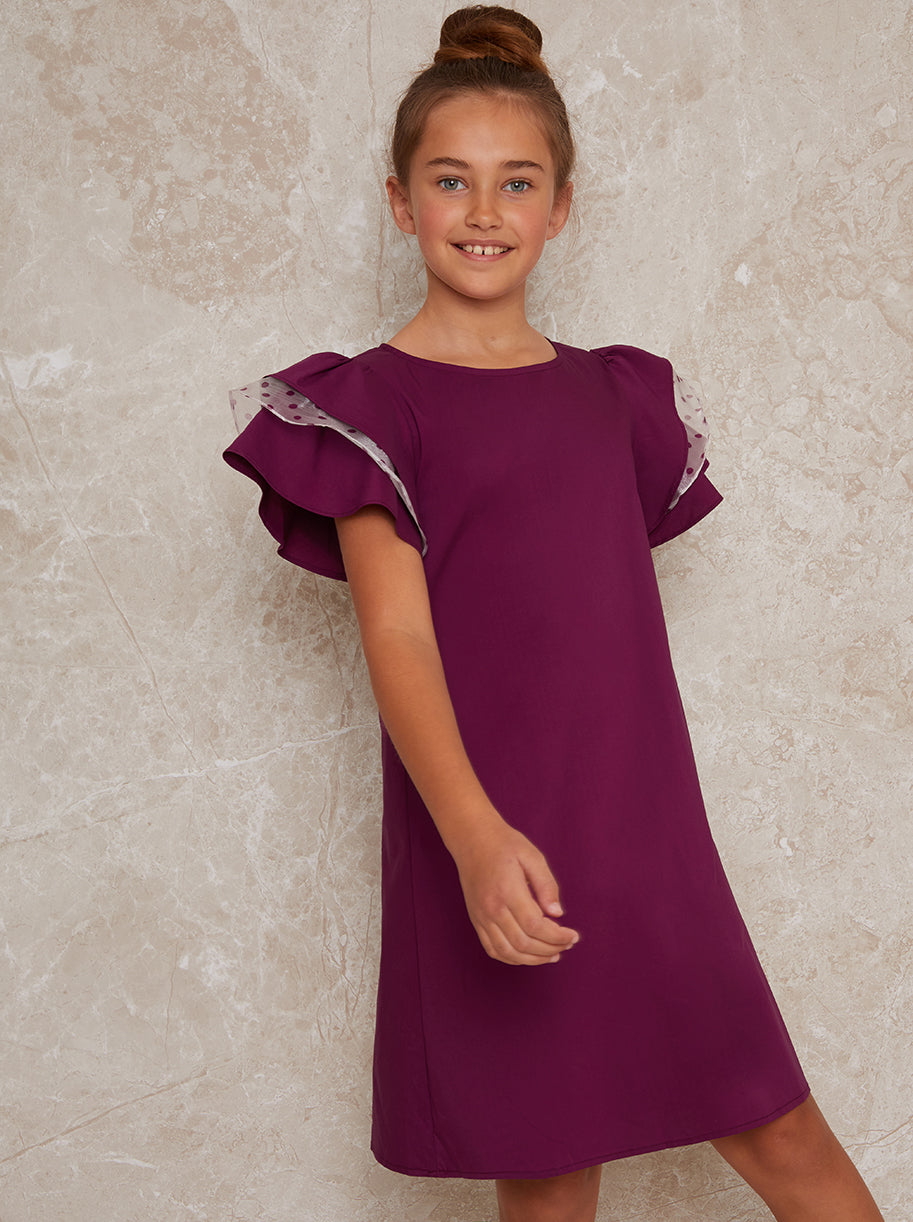 Girls Ruffle Sleeve Shift Dress in Red
