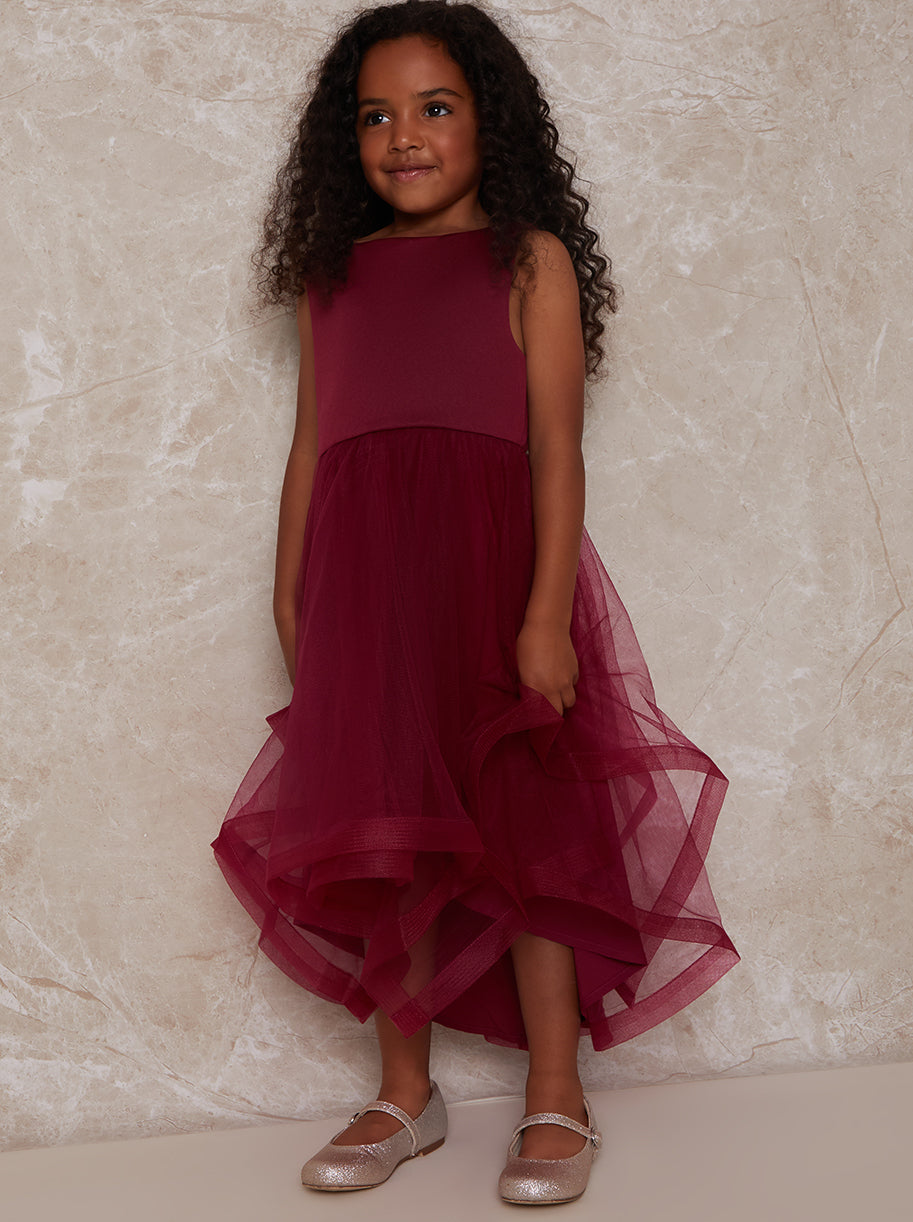 Girls Tulle Layered Midi Dress in Red