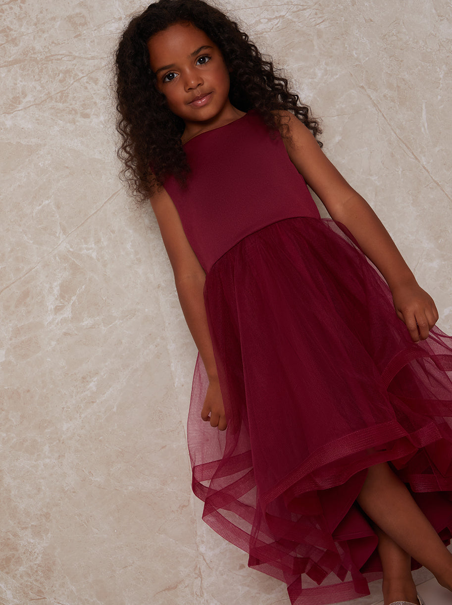 Girls Tulle Layered Midi Dress in Red