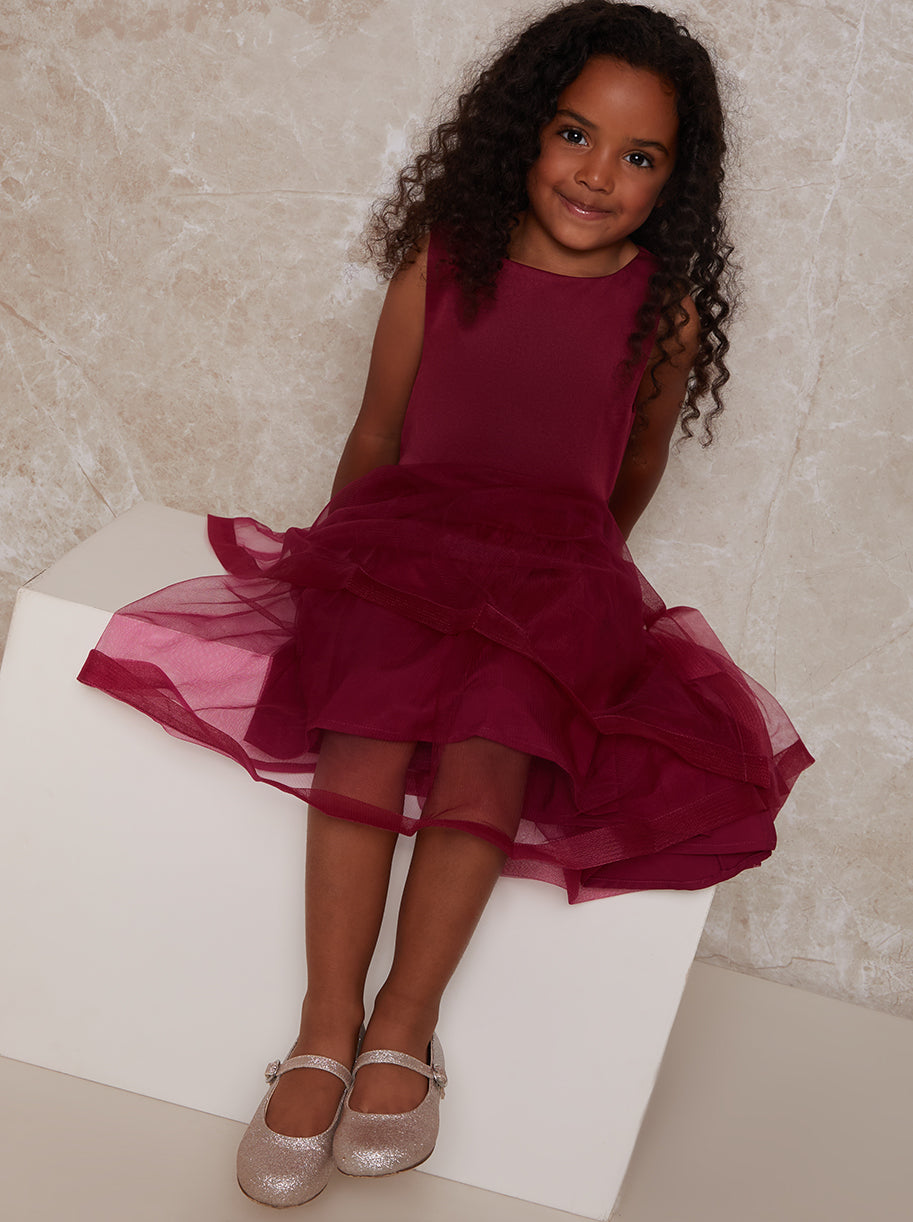 Girls Tulle Layered Midi Dress in Red