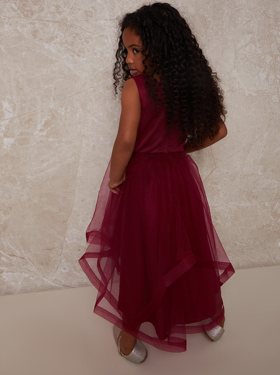 Girls Tulle Layered Midi Dress in Red