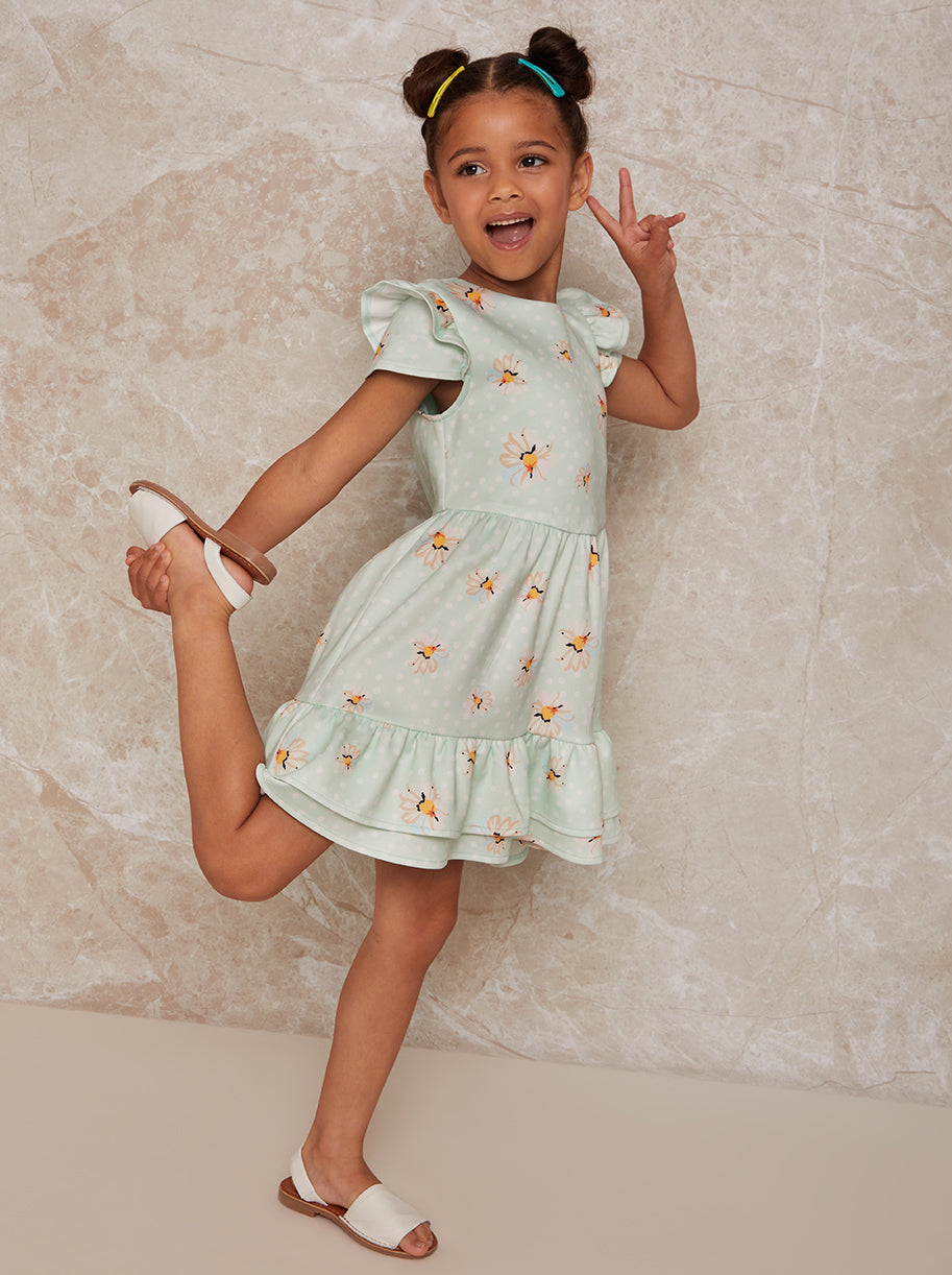 Girls Daisy Print Polka Dot Dress in Green
