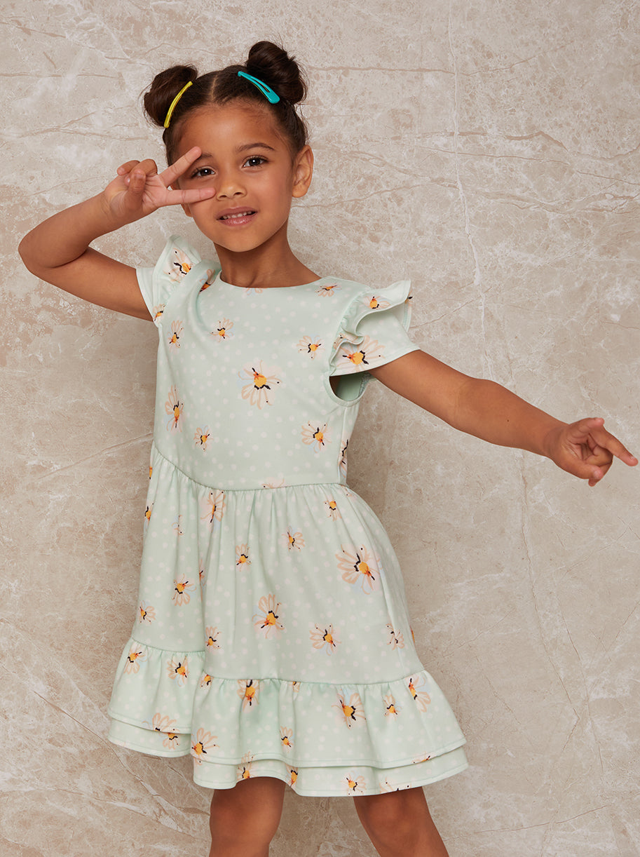Girls Daisy Print Polka Dot Dress in Green