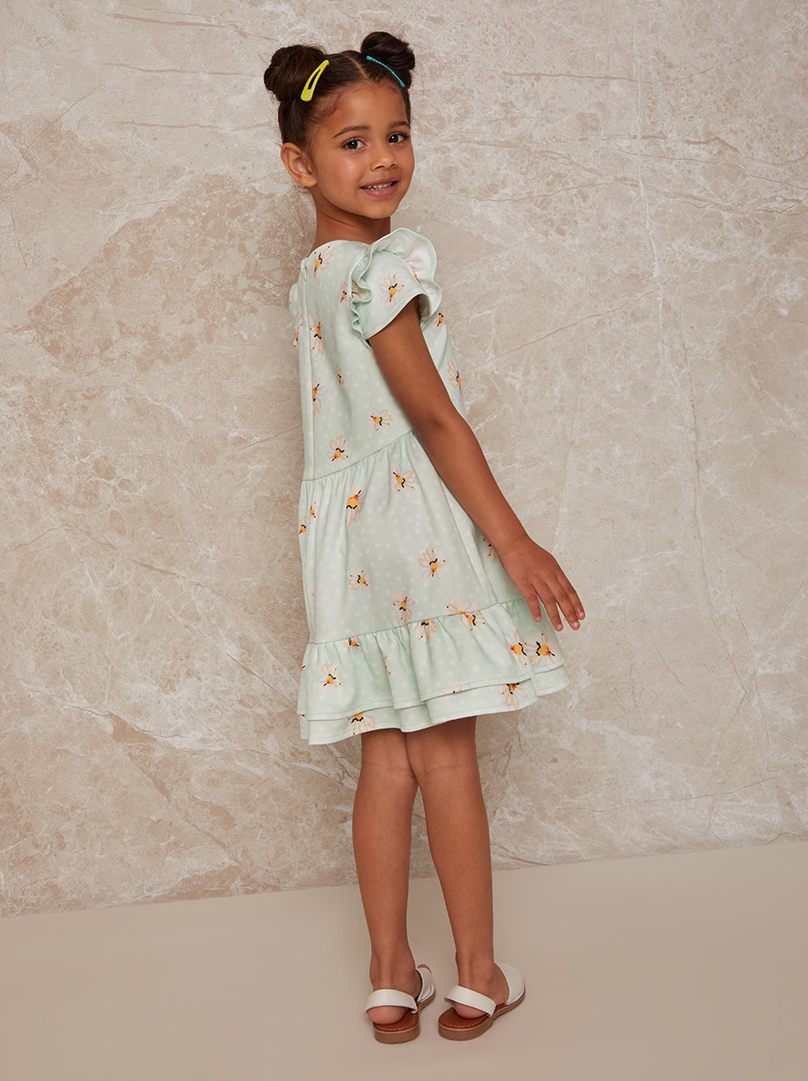 Girls Daisy Print Polka Dot Dress in Green