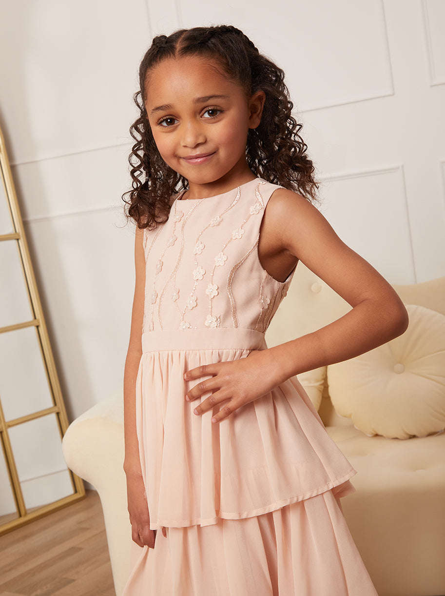 Girls Embroidered Tiered Midi Dress in Champagne