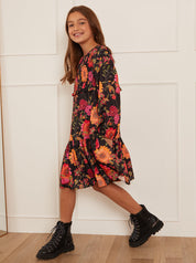 Older Girls Long Sleeve Floral Smock Dress in Black