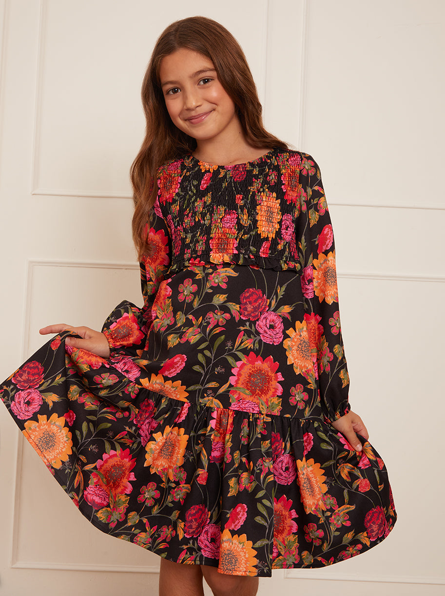 Older Girls Long Sleeve Floral Smock Dress in Black
