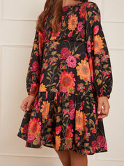 Older Girls Long Sleeve Floral Smock Dress in Black