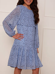 Older Girls Long Sleeve Spot Print Midi Dress in Blue