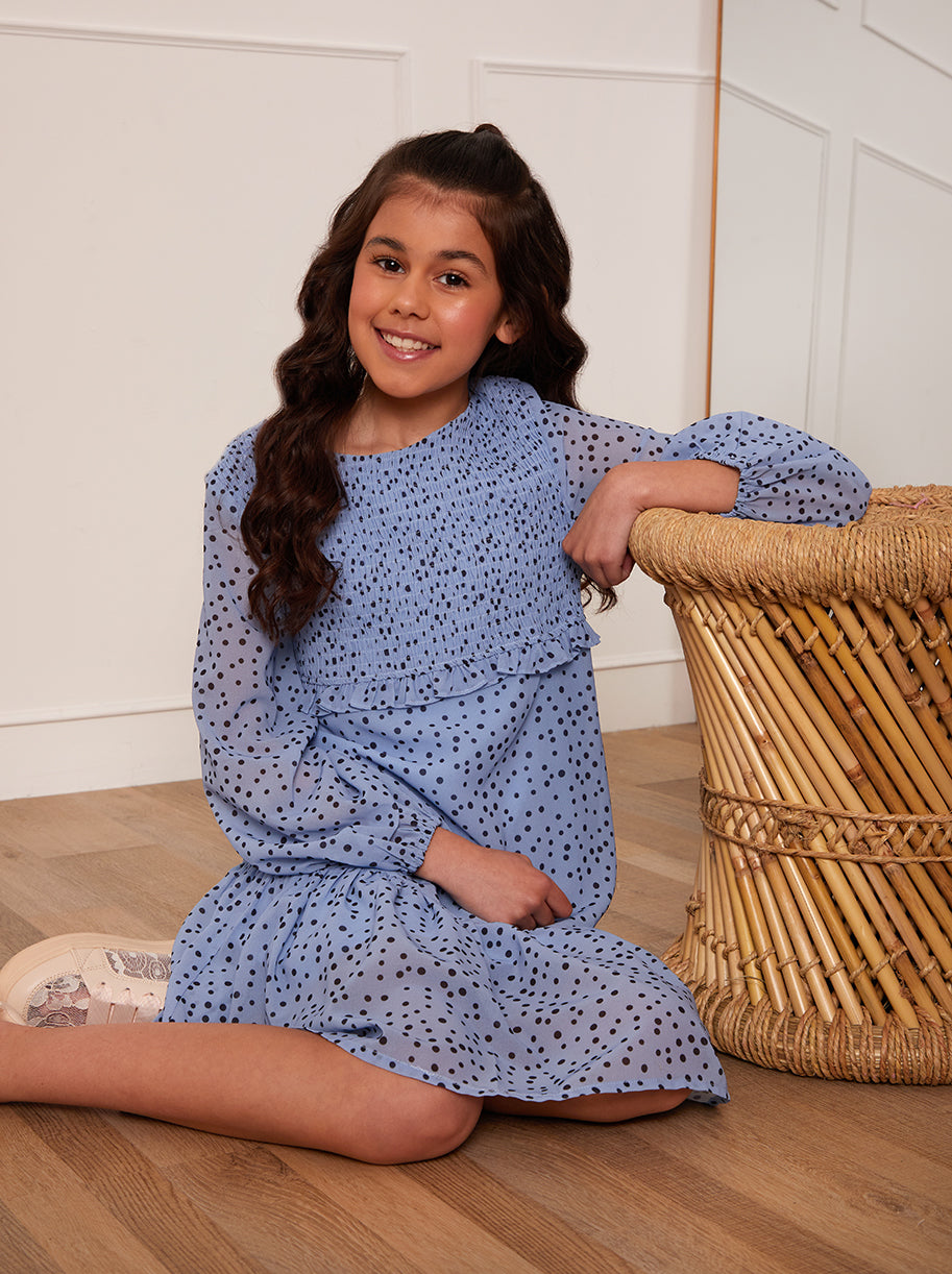Older Girls Long Sleeve Spot Print Midi Dress in Blue
