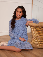 Older Girls Long Sleeve Spot Print Midi Dress in Blue