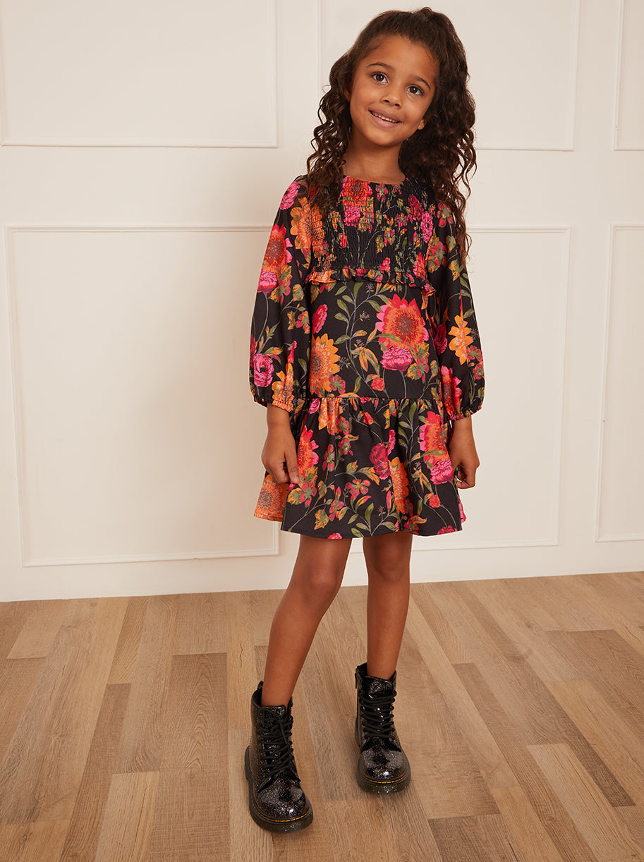 Younger Girls Long Sleeve Floral Smock Dress in Black