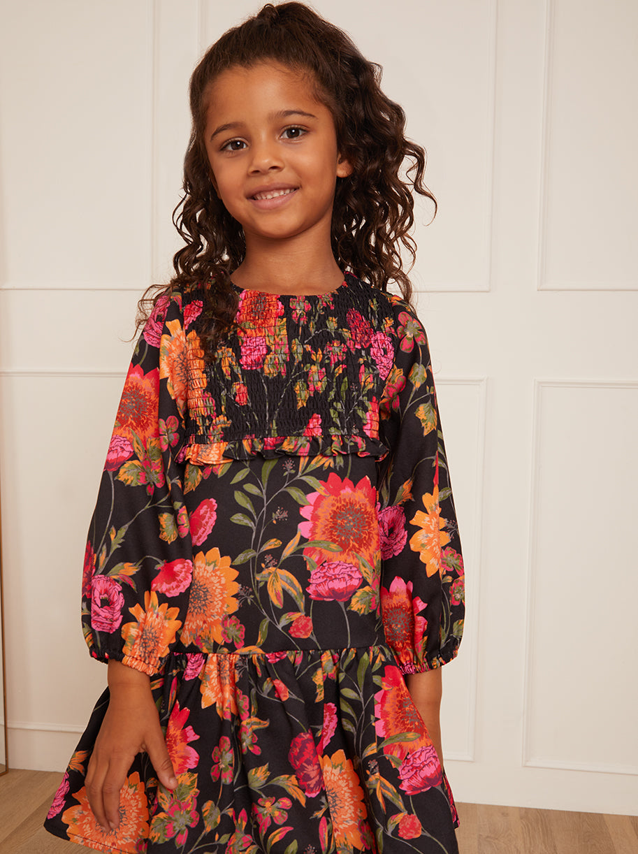 Younger Girls Long Sleeve Floral Smock Dress in Black