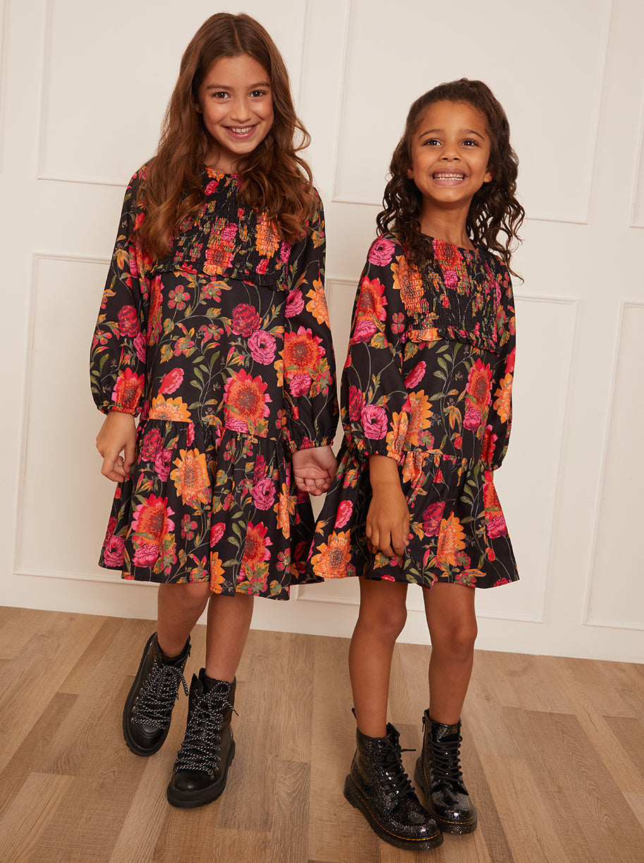 Younger Girls Long Sleeve Floral Smock Dress in Black