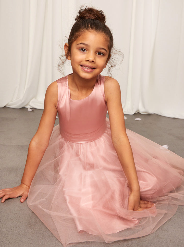 Younger Girls Sleeveless Tulle Midi Dress in Pink