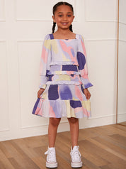 Younger Girls Shirred Abstract Print Midi Dress in Multi