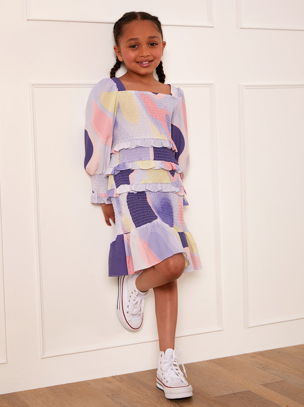 Younger Girls Shirred Abstract Print Midi Dress in Multi