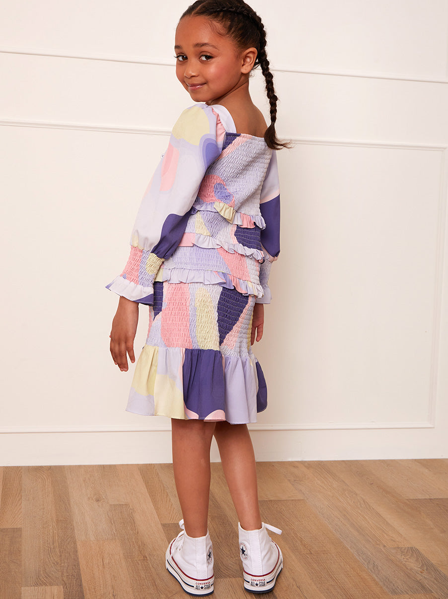 Younger Girls Shirred Abstract Print Midi Dress in Multi