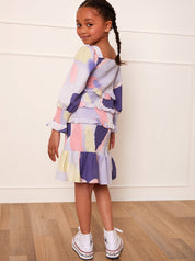 Younger Girls Shirred Abstract Print Midi Dress in Multi
