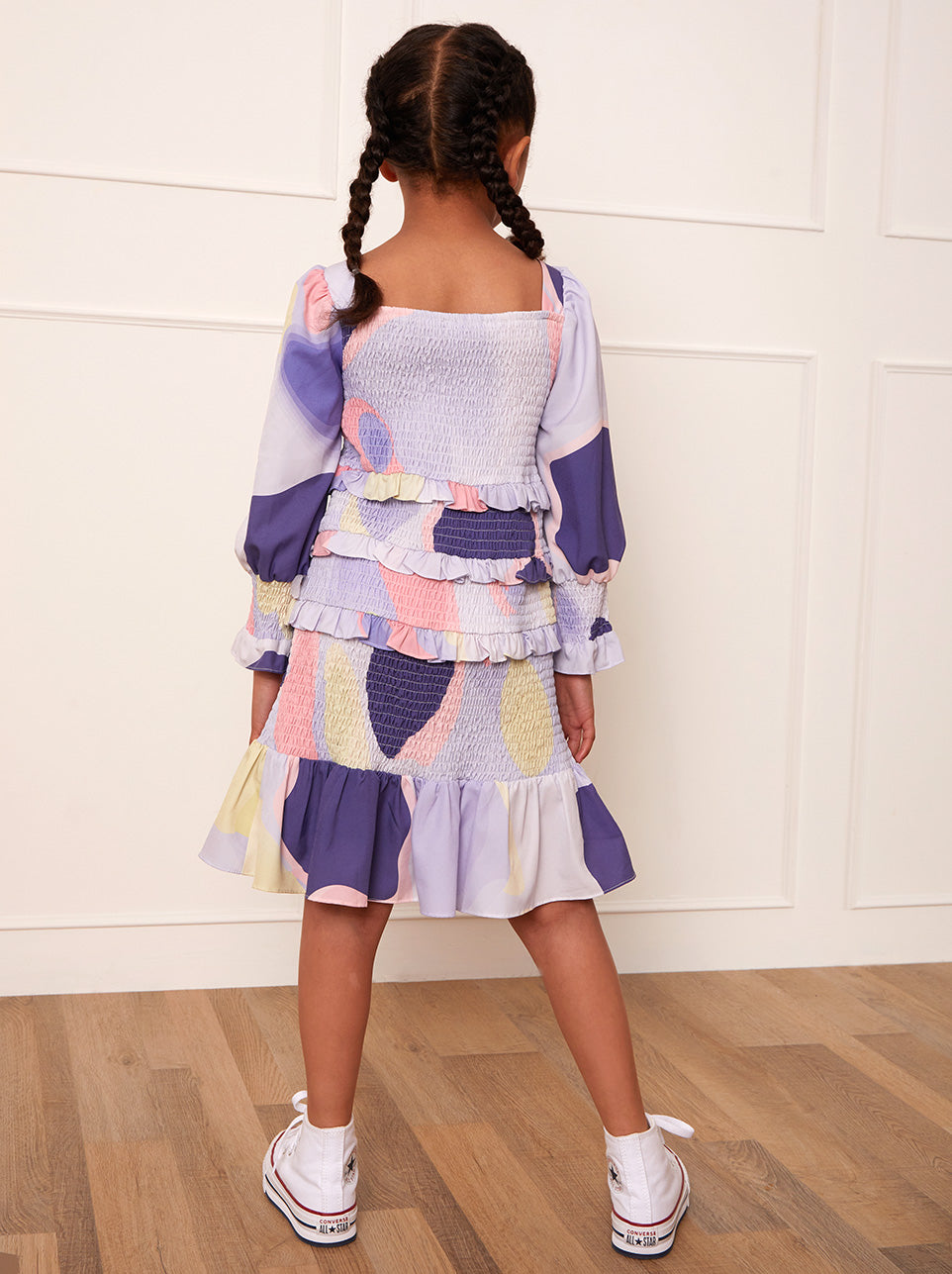 Younger Girls Shirred Abstract Print Midi Dress in Multi
