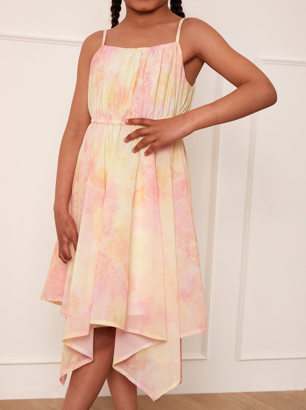 Younger Girls Cami Ruched Floral Dress in Cream