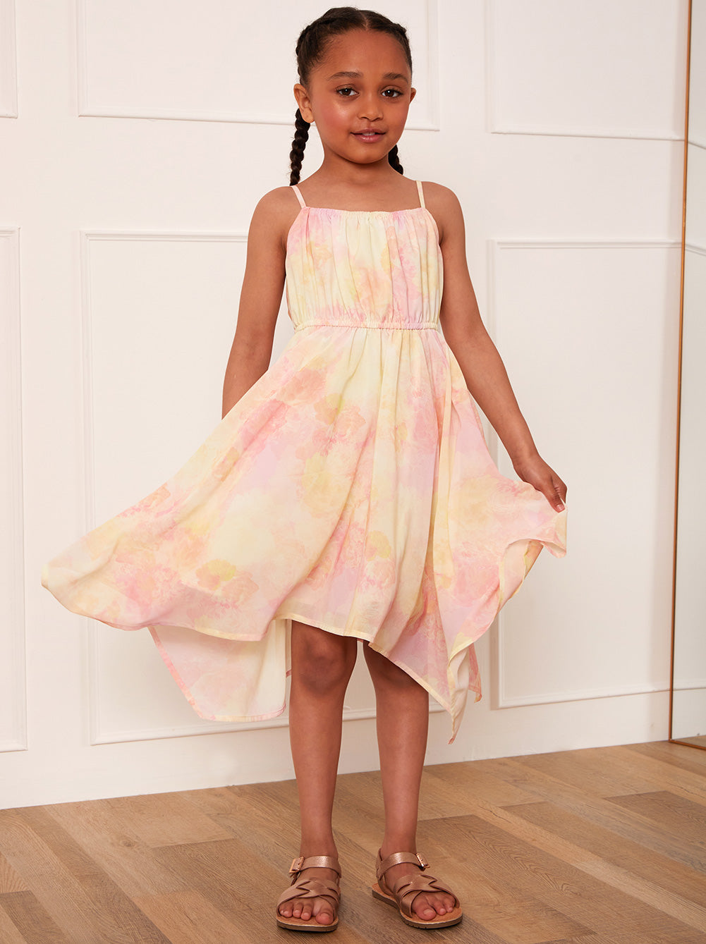 Younger Girls Cami Ruched Floral Dress in Cream