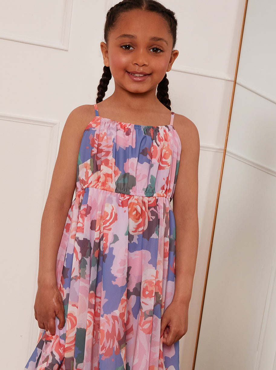 Younger Girls Cami Floral Hanky Hem Midi Dress in Pink