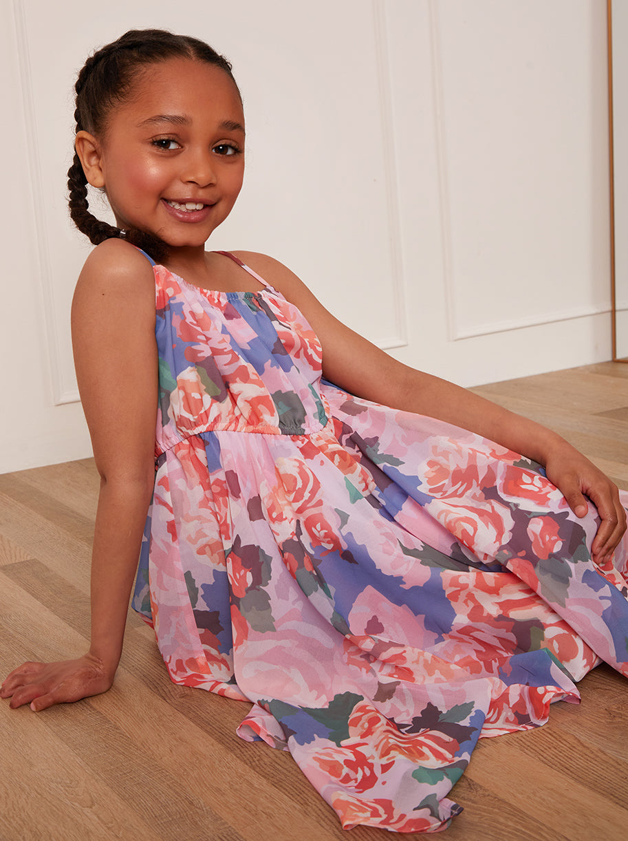Younger Girls Cami Floral Hanky Hem Midi Dress in Pink