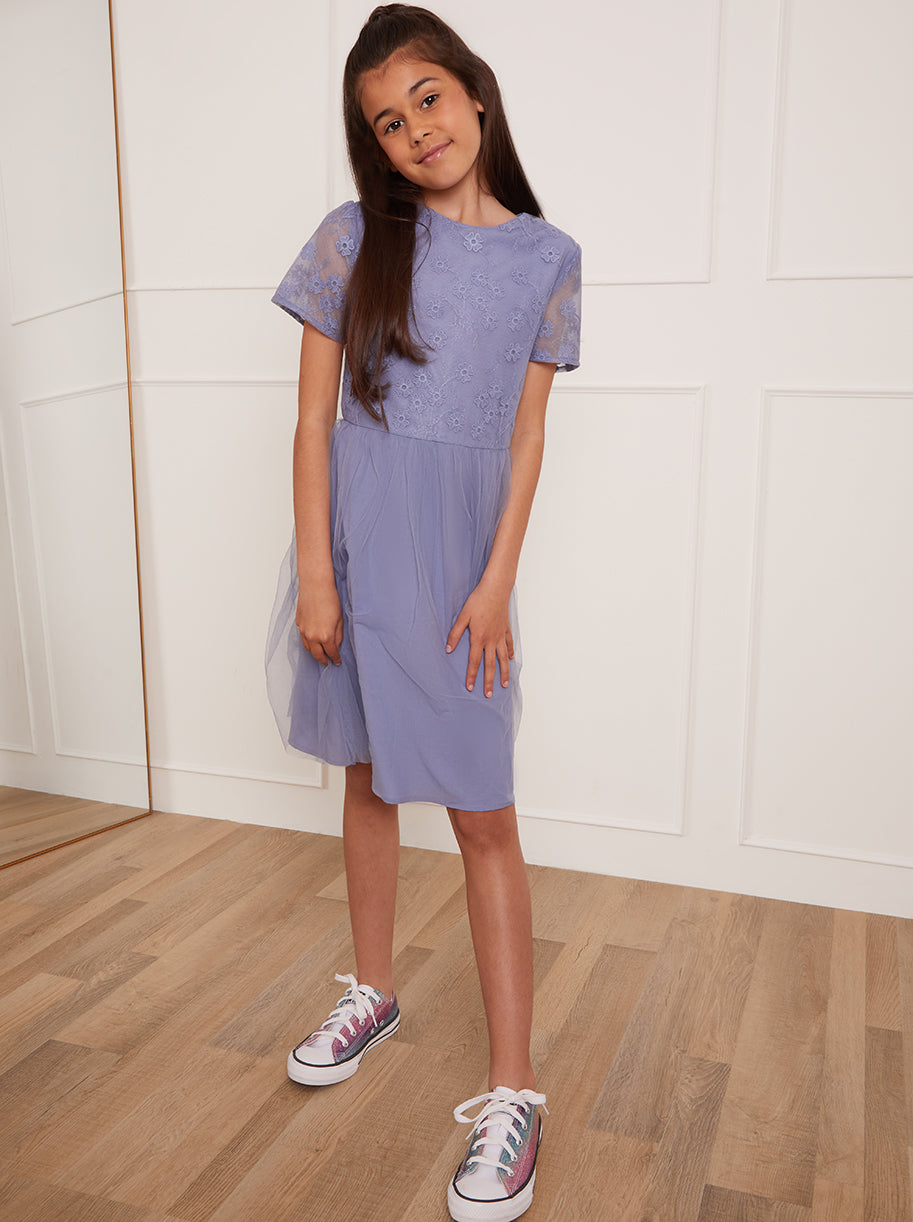 Older Girls Floral Embroidered Midi Dress in Blue