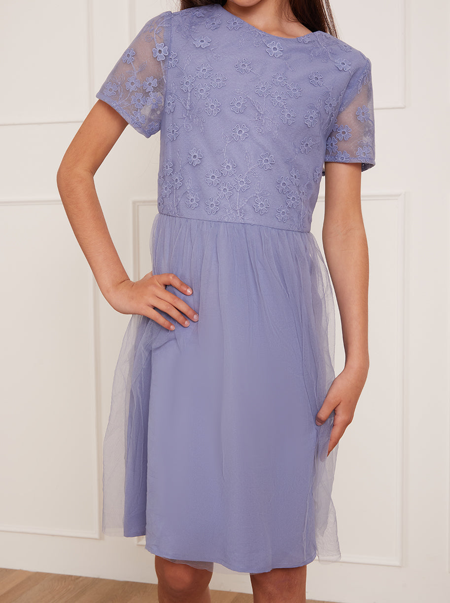 Older Girls Floral Embroidered Midi Dress in Blue