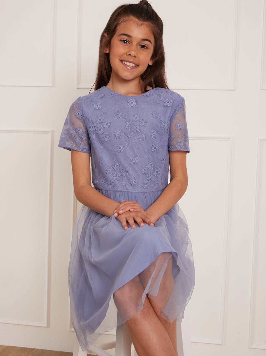 Older Girls Floral Embroidered Midi Dress in Blue